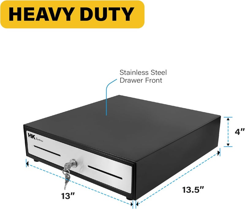 HK SYSTEMS 13inch "Stainless Steel" Front Heavy Duty Black POS Interface Cash Drawer with 4Bill/5Coin - Image 3